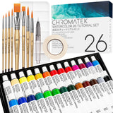 CHROMATEK Watercolor Paint Set | 62 Piece Kit | Video Tutorial Course | Adults, Kids, Beginner & Professional Artists | Paper, 8 Brushes, Palette, Aquapen, Masking Tape | 12ml Tubes CHROMATEK