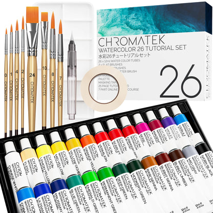 CHROMATEK Watercolor Paint Set | 62 Piece Kit | Video Tutorial Course | Adults, Kids, Beginner & Professional Artists | Paper, 8 Brushes, Palette, Aquapen, Masking Tape | 12ml Tubes