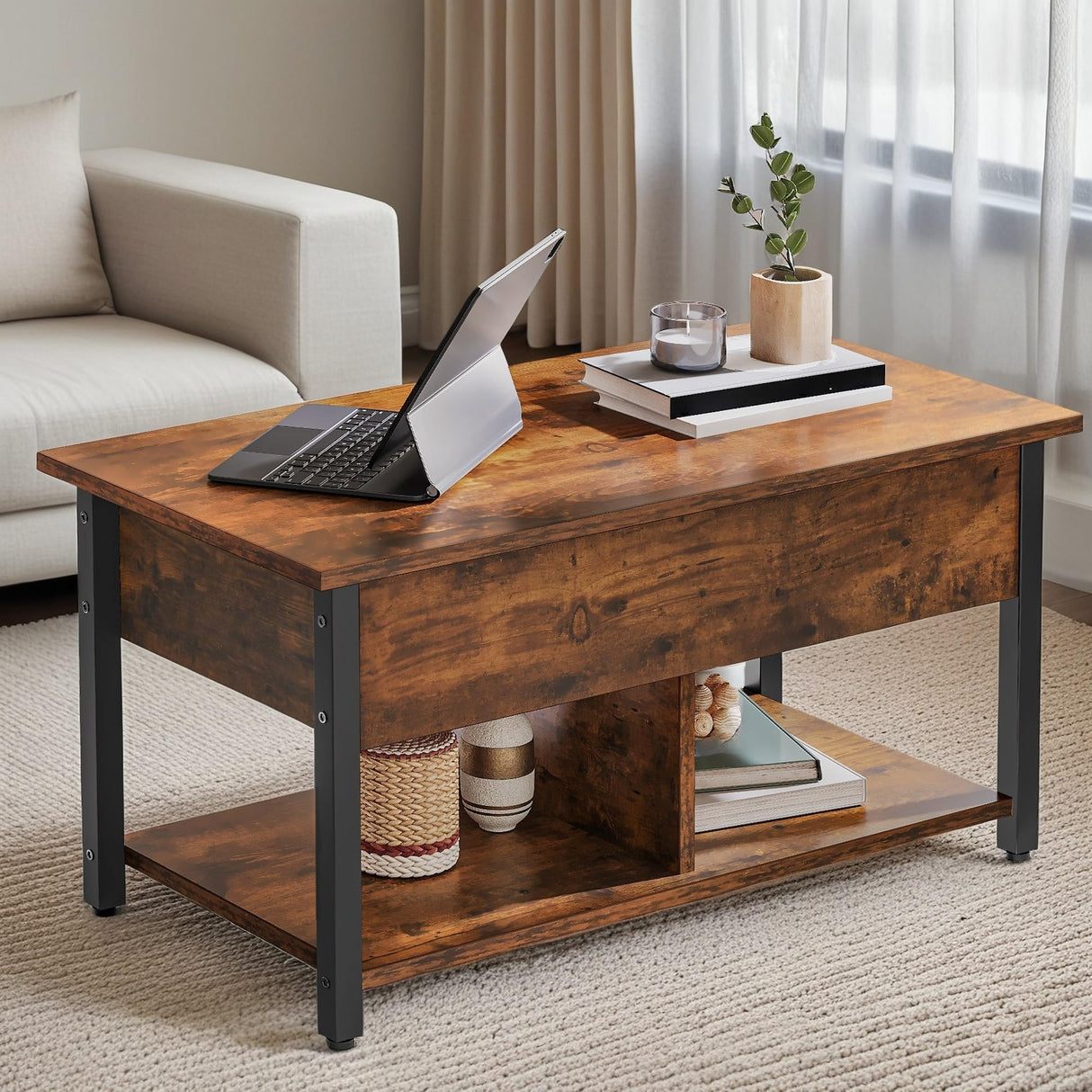 YITAHOME Lift Top Coffee Table, Wooden Coffee Table with Hidden Compartment and Storage Shelf, Center Table for Living Room, Dining Tables with Adjustable Height, Home Office, Rustic Brown YITAHOME