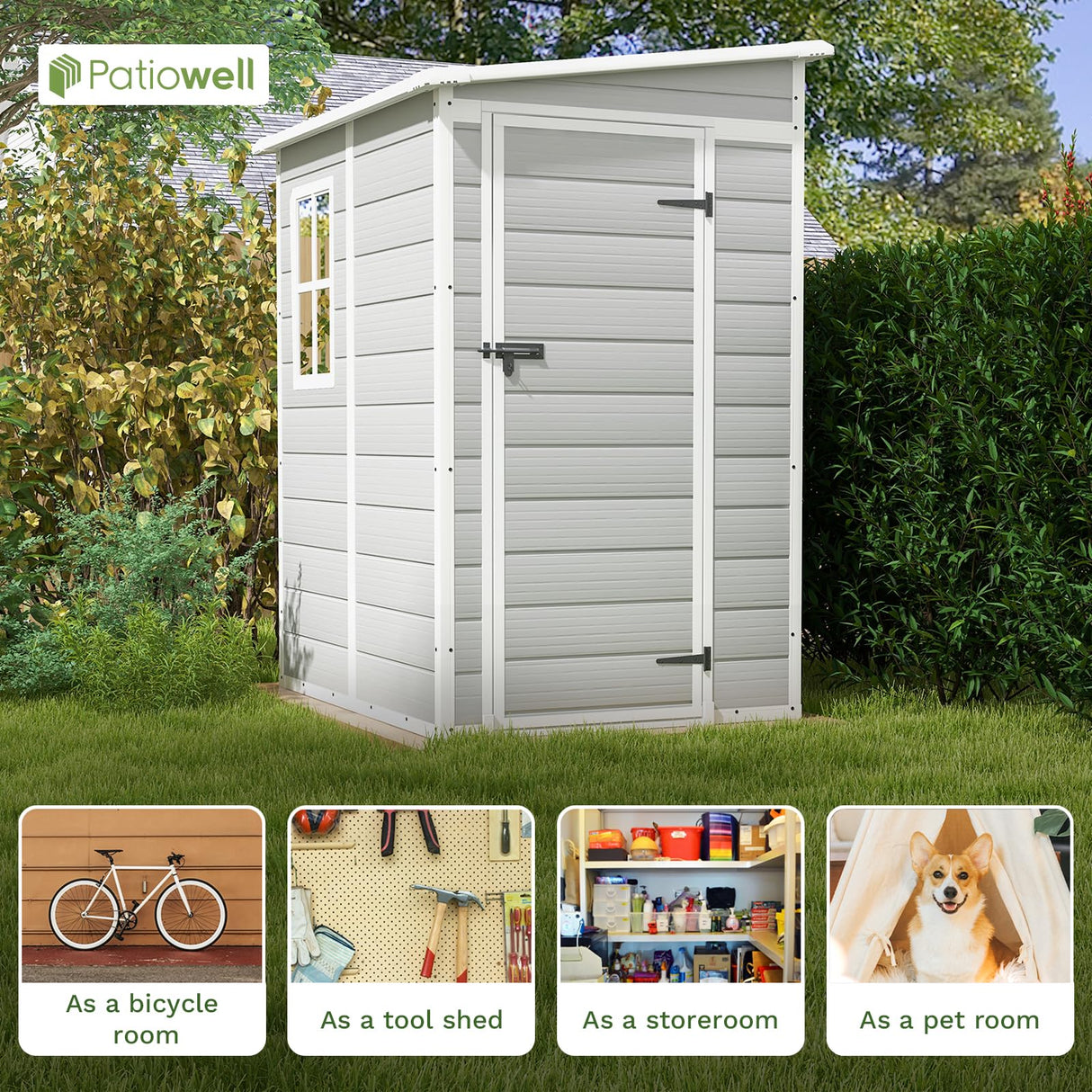 Patiowell 5x4 FT Outdoor Storage Shed, Resin Storage Shed with Floor & Lockable & Window Door for Patio Furniture, Garden Tools and Bicycle, White & Grey Patiowell