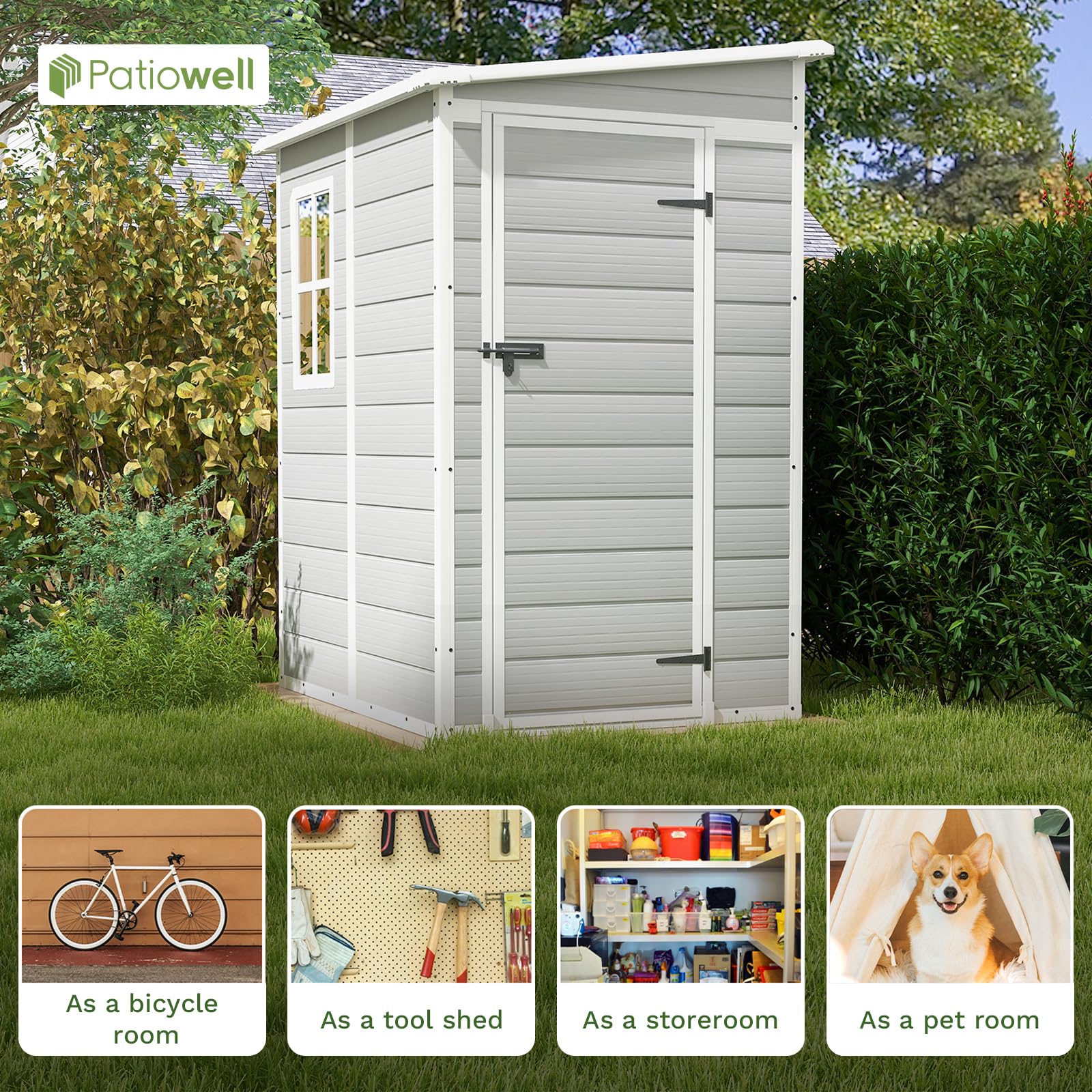 Patiowell 5x4 FT Outdoor Storage Shed, Resin Storage Shed with Floor & Lockable & Window Door for Patio Furniture, Garden Tools and Bicycle, White & Grey - WoodArtSupply