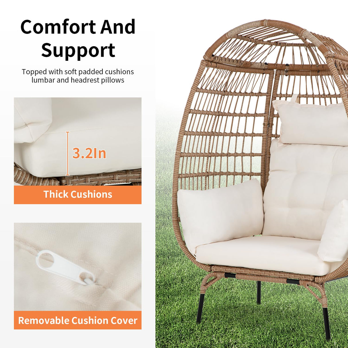 Egg Chair Egg Basket Lounge Chair Rattan Chair Steel Frame Oversized Indoor Outdoor Lounger Simple Installation with 4 Comfort Cushion and Stand,352lb Capacity for Patio Garden Living Room,White PayLessHere