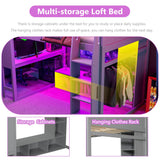 Polibi Wood Full Size Gaming Loft Bed with 55.9Lx12W inch Desk and Shelf,Bed Frame with LED,Hanging Clothes Rack and Storage Cabinet,Gray Polibi