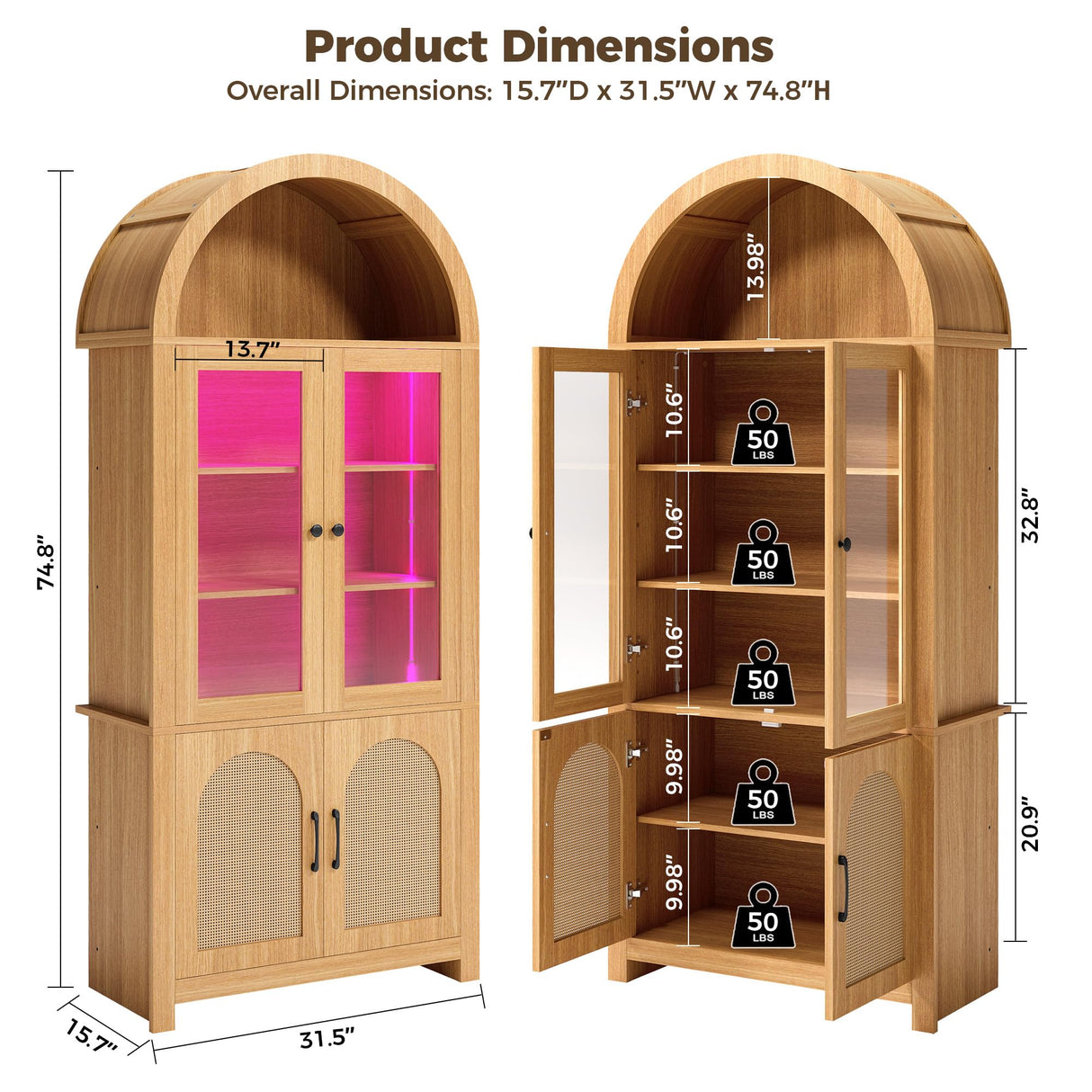 IRONCK Arched Bookshelf with Glass Door, 75" Tall Bookcase with LED, 6 Tier Storage Cabinet with Rattan Door, Large Pantry Cabinet for Living Room Kitchen Office IRONCK