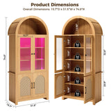 IRONCK Arched Bookshelf with Glass Door, 75" Tall Bookcase with LED, 6 Tier Storage Cabinet with Rattan Door, Large Pantry Cabinet for Living Room Kitchen Office IRONCK