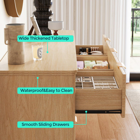 LINSY Fluted 9 Drawer Dresser for Bedroom, 58" Wide Mid-Century Modern Tall Chest of Drawers, Deep Storage Dresser with Curved Corner Design, Large Accent Wood Cabinet for Bedroom, Oak LINSY