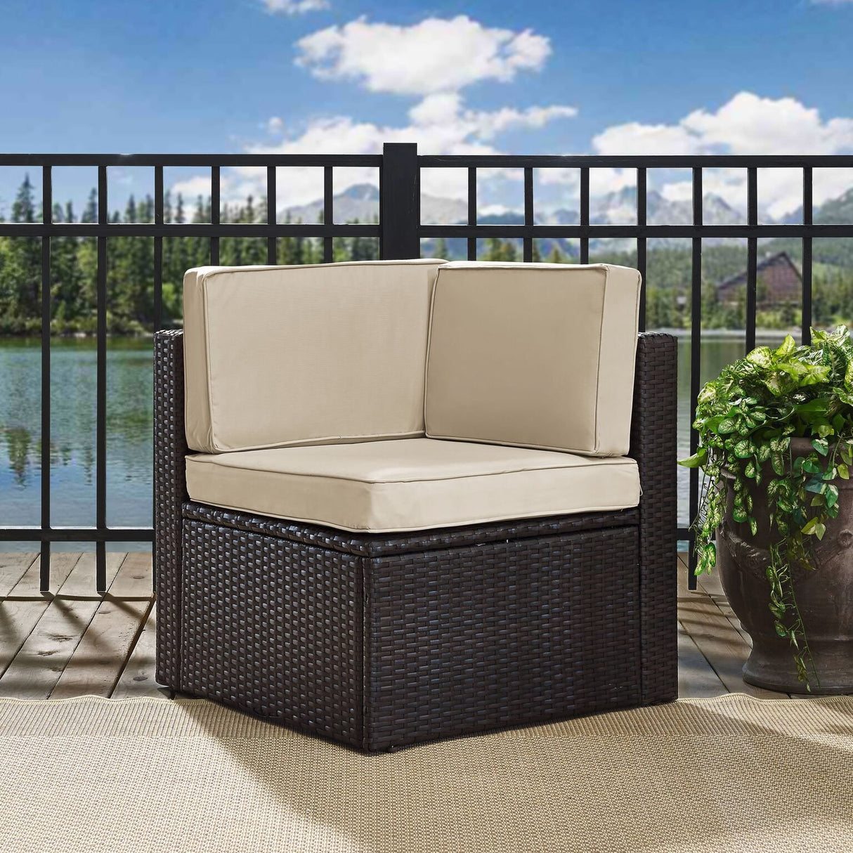 Crosley Furniture Palm Harbor Corner Outdoor Sectional Chair, Wicker Patio Chairs for Porch, Deck, Backyard, Brown with Sand Cushions Crosley Furniture