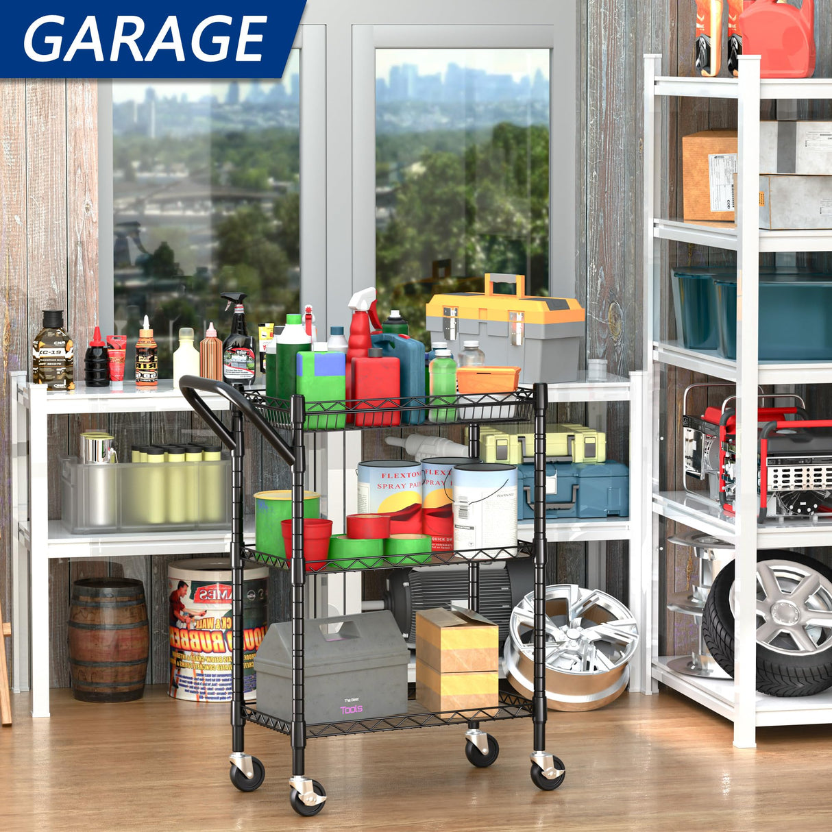 3 Tier Heavy Duty Rolling Utility Cart,18" D x 23.8" W x 36.6" H Rolling Carts with Wheels,Commercial Grade Metal Cart with Handle Bar & Shelf Liner,Trolley Serving Storage Cart for Kitchen Black REGILLER