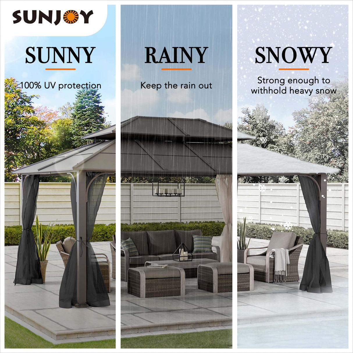 Sunjoy Hardtop Gazebo 12 x 16 ft. Outdoor Gazebo, Heavy Duty Steel Frame Gazebo, Double Tiered Metal Gazebo with Ceiling Hook and Removable Netting Sidewalls, Brown Sunjoy