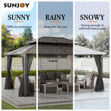 Sunjoy Hardtop Gazebo 12 x 16 ft. Outdoor Gazebo, Heavy Duty Steel Frame Gazebo, Double Tiered Metal Gazebo with Ceiling Hook and Removable Netting Sidewalls, Brown Sunjoy