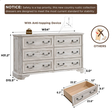 T4TREAM Farmhouse 6 Drawers Dresser for Bedroom, 54" Wide Wood Rustic Chest of Drawers with Natural Texture, Vintage Design, Storage Dressers Organizer for Bedroom, Living Room, Distressed White T4TREAM