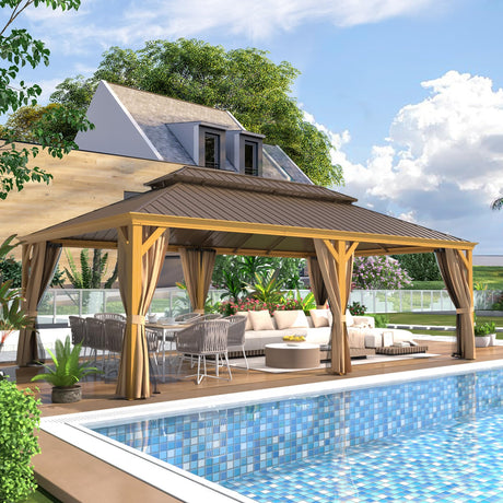 YOLENY 14'x24' Gazebo, Wooden Finish Coated Aluminum Frame Pergola with Double Galvanized Steel Hardtop Roof, Outdoor Permanent Metal Pavilion with Curtains and Nettings for Patio, Backyard and Deck YOLENY