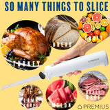 Professional Cordless Rechargeable Easy-Slice Electric Knife, Reciprocating Serrated Stainless-Steel Blades, Safety-Lock Trigger Release, Carving Meats, Turkey, Breads, Fruit, Crafting Foam, White PREMIUS