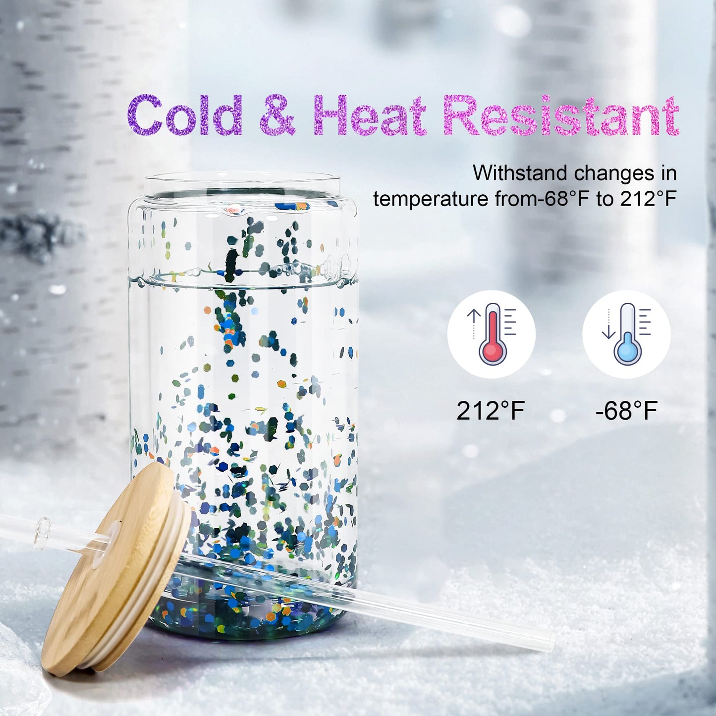 AGH Sublimation Snow Globe Glass Can Blanks 16 oz 6 Pack Sublimation Double Wall Glass Tumbler with Bamboo Lids and Straws Pre-drilled Cups for Snow Globe glitter Clear