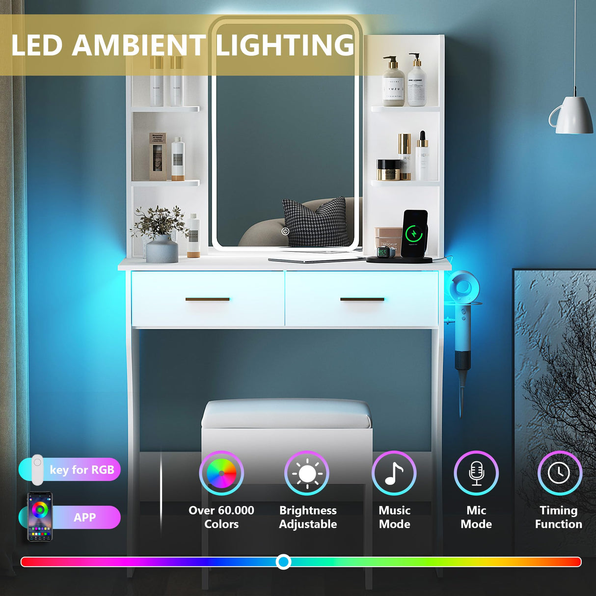 Vanity Desk with LED Lights Mirror & Power Outlet, Small Makeup Vanity Table Set with Storage Drawers & Chair, 3 Lighting Modes & Adjustable Brightness, Dressing Table for Women Girls Bedroom, White Xixini