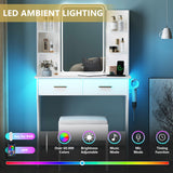 Vanity Desk with LED Lights Mirror & Power Outlet, Small Makeup Vanity Table Set with Storage Drawers & Chair, 3 Lighting Modes & Adjustable Brightness, Dressing Table for Women Girls Bedroom, White Xixini