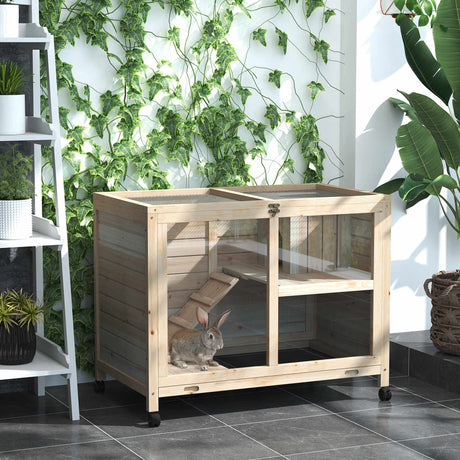 PawHut Indoor Rabbit Hutch with Wheels, Desk and Side Table Sized, Wood Rabbit Cage, Waterproof Small Rabbit Cage, Natural PawHut