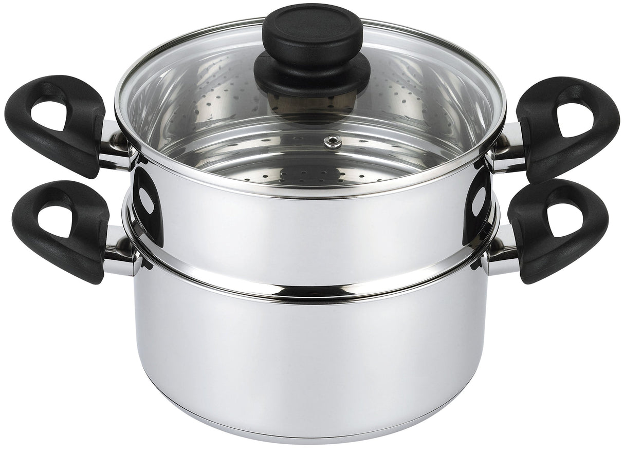 Nevlers 3 Piece Premium Heavy Duty Stainless Steel Steamer Pot Set Includes 3 Quart Cooking Pot, 2 Quart Steamer Insert and Vented Glass Lid | Stack and Steam Pot Set for All Cooking Surfaces Nevlers