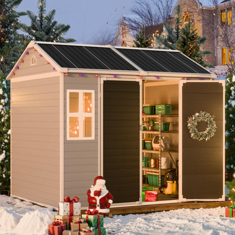 CDCASA 8x6X7 FT Resin Shed, Waterproof Large Outdoor Storage Shed with Floor & Lockable Door & 2 Windows, Plastic Tool Shed for Outside, Backyard, Patio, Poolside, Bike, Grey CDCASA