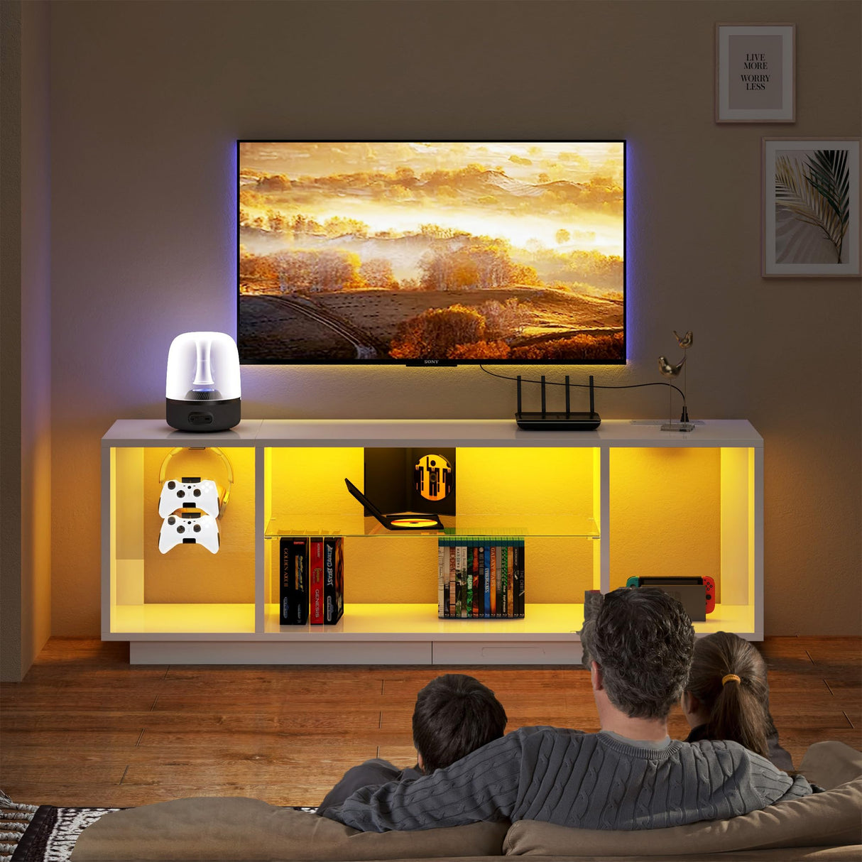 DlandHome LED TV Stand for TVs up to 60inch, Entertainment Center with Open Storage Shelves, TV Media Console Table for Bedroom, Living Room, White DlandHome