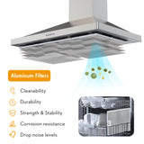 FIREGAS Wall Mount Range Hood 30 inch, 400 CFM Stainless Steel Stove Vent Hood with 3 Speed Exhaust Fan, Ducted/Ductless Convertible Duct kitchen hood, LED Lights, Push Button, Charcoal Filters FIREGAS