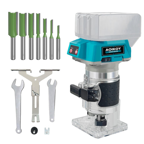 1/4" Cordless Compact Wood Router for Makita 18V Battery (Bare Tool), 6 Variable Speeds Fixed Base Palm Plunge Router with Trim Router Bits for Woodworking (Blue) Aoikoy