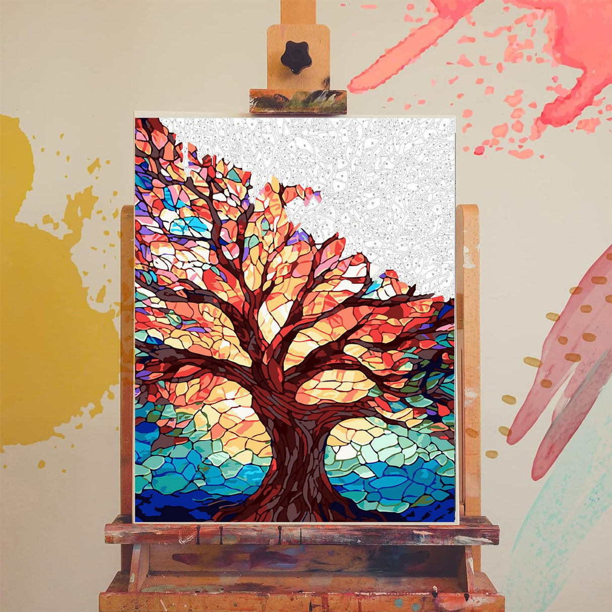 xackcme Tree Paint by Numbers for Adults - Stained Glass Paint by Number on Canvas Without Frame, DIY Trees Oil Painting for Gift Home Wall Decor (16x20 inch) xackcme