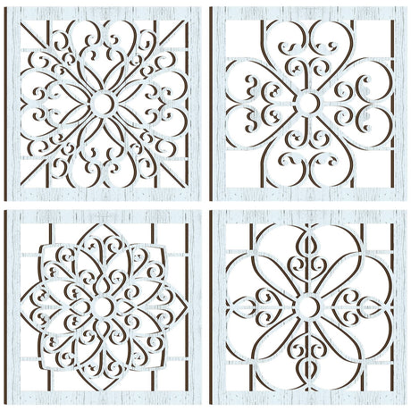 Yulejo 4 Pieces Thicken Rustic Wall Decor Farmhouse Wall Art Decor Wooden Hollow Carved Design Rustic Wall Art for Living Room Bedroom Hallway Decor Office Kitchen Wall Decoration (Light Cyan) Yulejo