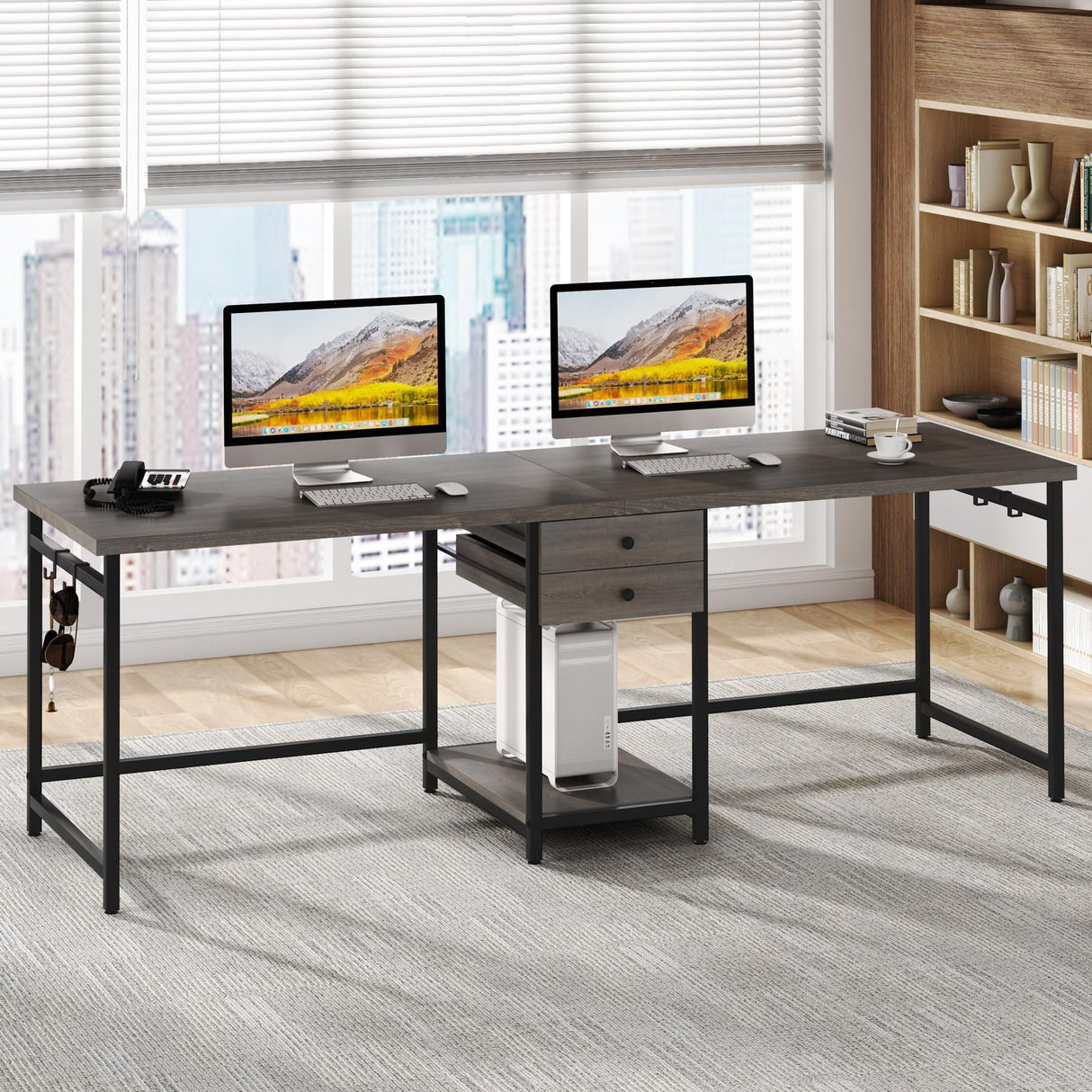Tribesigns 78.74’’ Two Person Desk with 2 Drawers, Long Double Computer Desk Gaming Table with Shelves, Industrial Study Writing Table Workstation for Home Office, Grey Tribesigns