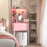 Besiost Small Vanity Desk with Hutch and Drawers, Pink Makeup Vanity Desk with Charging Station, Vanity Table Dressing Table with LED Lights, Vanity Desk No Mirror with Pegboard for Girls Women, 24" Besiost