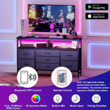 Fixwal Black Dresser for Bedroom with Power Outlets and LED Lights, 55 Inch Drawer TV Stand with 7 Fabric Drawers, TV Stand for Bedroom Up to 65 Inch TV, Chests of Drawers for Bedroom Black Fixwal