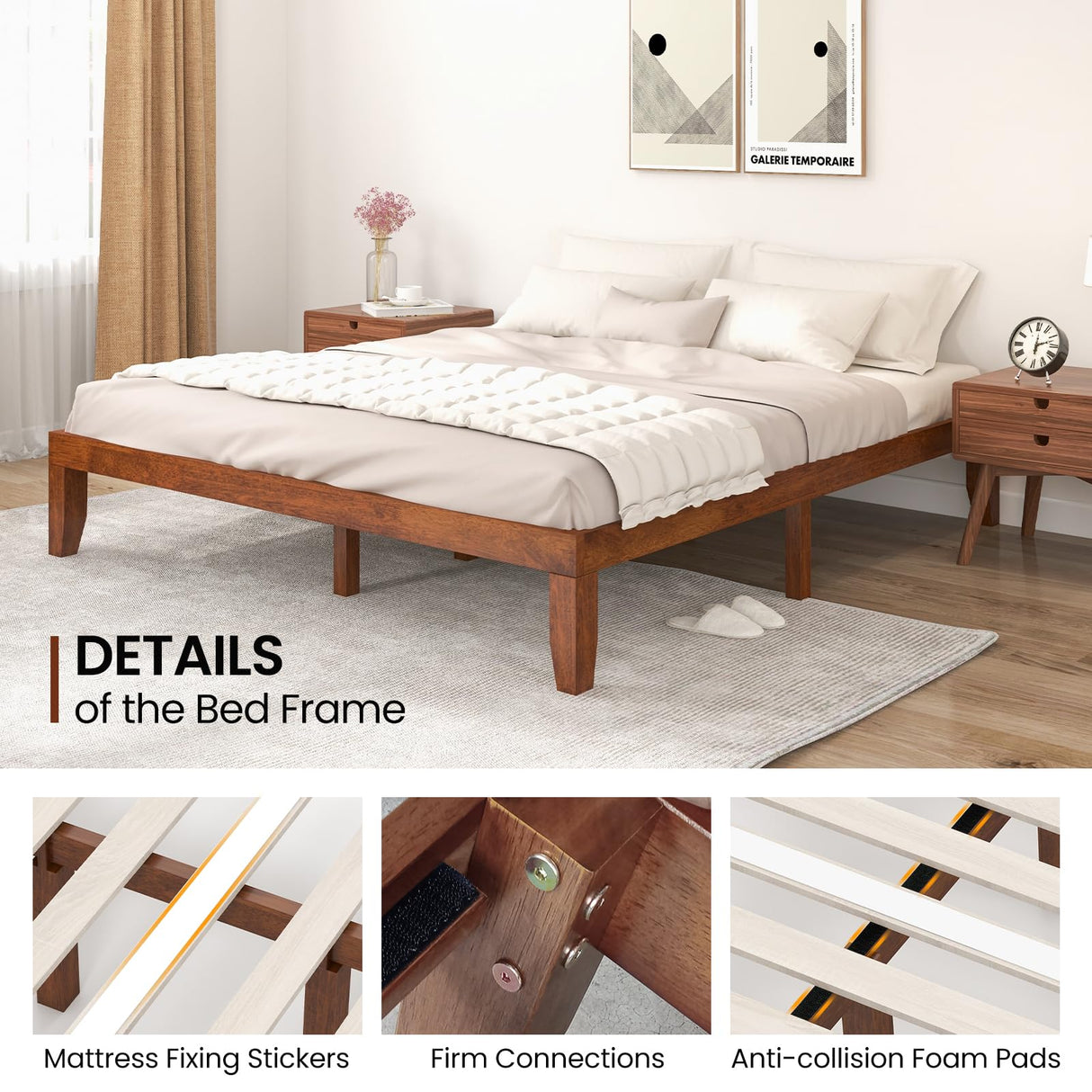 KOMFOTT 14-Inch Solid Rubber Wood King Size Platform Bed Frame - Brown Cherry KOMFOTT