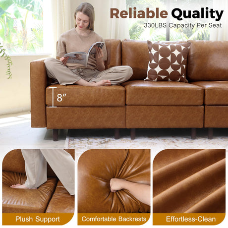 ABCASA 118.5" Faux Leather Modular Sectional Sofa with Storage Seat, Oversized 4 Seater Couch Deep Seat with Removable Cover Brown ABCASA