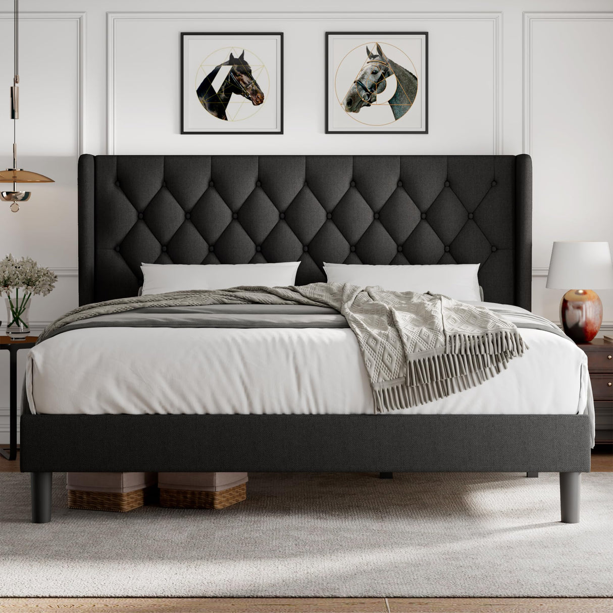 iPormis King Size Platform Bed Frame with Button Tufted Headboard, Upholstered Bed Frame with Solid Wooden Slats, 8" Underbed Space, No Box Spring Needed, Noise Free, Easy Assembly, Black iPormis