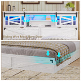 busyaeh Farmhouse Bed Frame Queen Size with Storage Bookcase Headboard, Wooden Queen Bed Frame with Charging Station & Led Light, Rustic Platform Bed Frame with Sliding Barn Door, No Box Spring Needed busyaeh