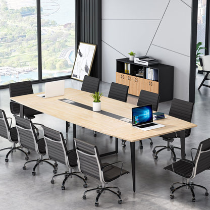 Tribesigns 8FT Conference Table, 94.48L x 47.24W x 29.52H Inches Large Boat Shaped Meeting Seminar Table with Cable Grommets, Modern Conference Room Table for Office (Light Wood Grain, 8ft) - WoodArtSupply