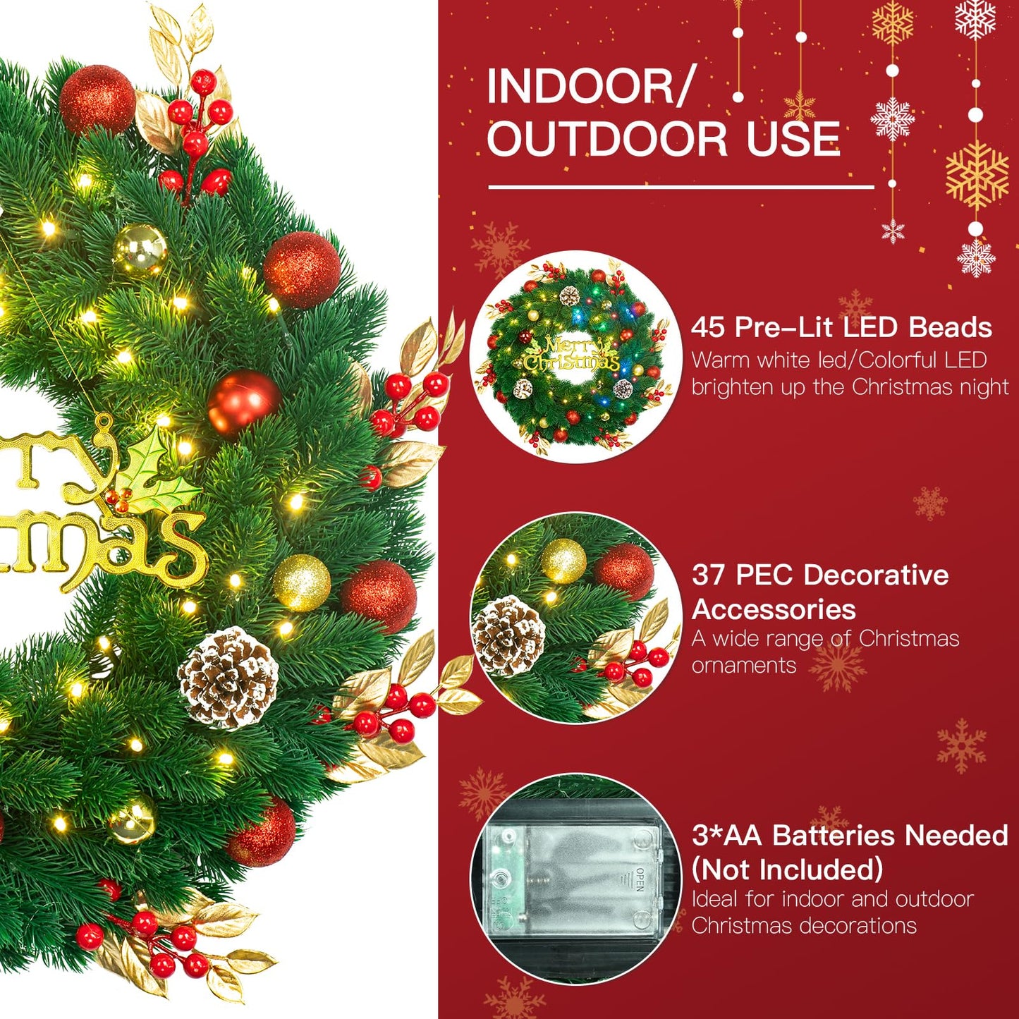 Pre Lit Christmas Wreath with Lights,Lighted Christmas Wreaths for Front Door with 45 Led Battery Operated 8 Modes Remote Control Timer,Indoor Outdoor 18 Inch Artificial Xmas Wreath Decorations