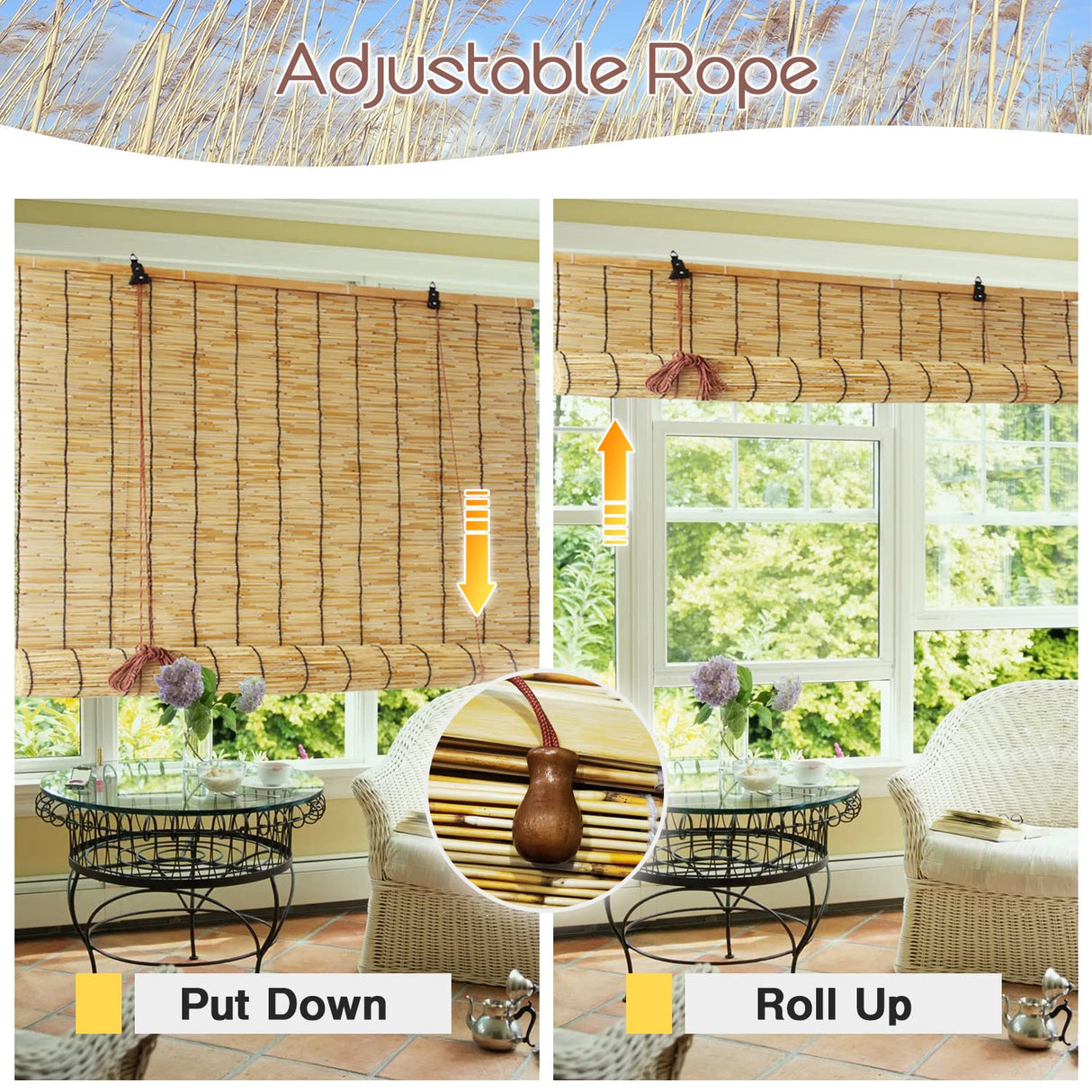Lsjoaw Roll Up Reed Shade 27x72in (WxH)/69x183CM Outdoor Bamboo Shades Blinds Patio Blinds Roman Roller Blinds Curtain with Lifter Porch Window Privacy Brown Lsjoaw