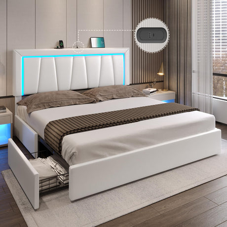 DICTAC LED California King Bed Frame with 4 Storage Drawers, Adjustable Headboard & USB Ports - White Faux Leather DICTAC