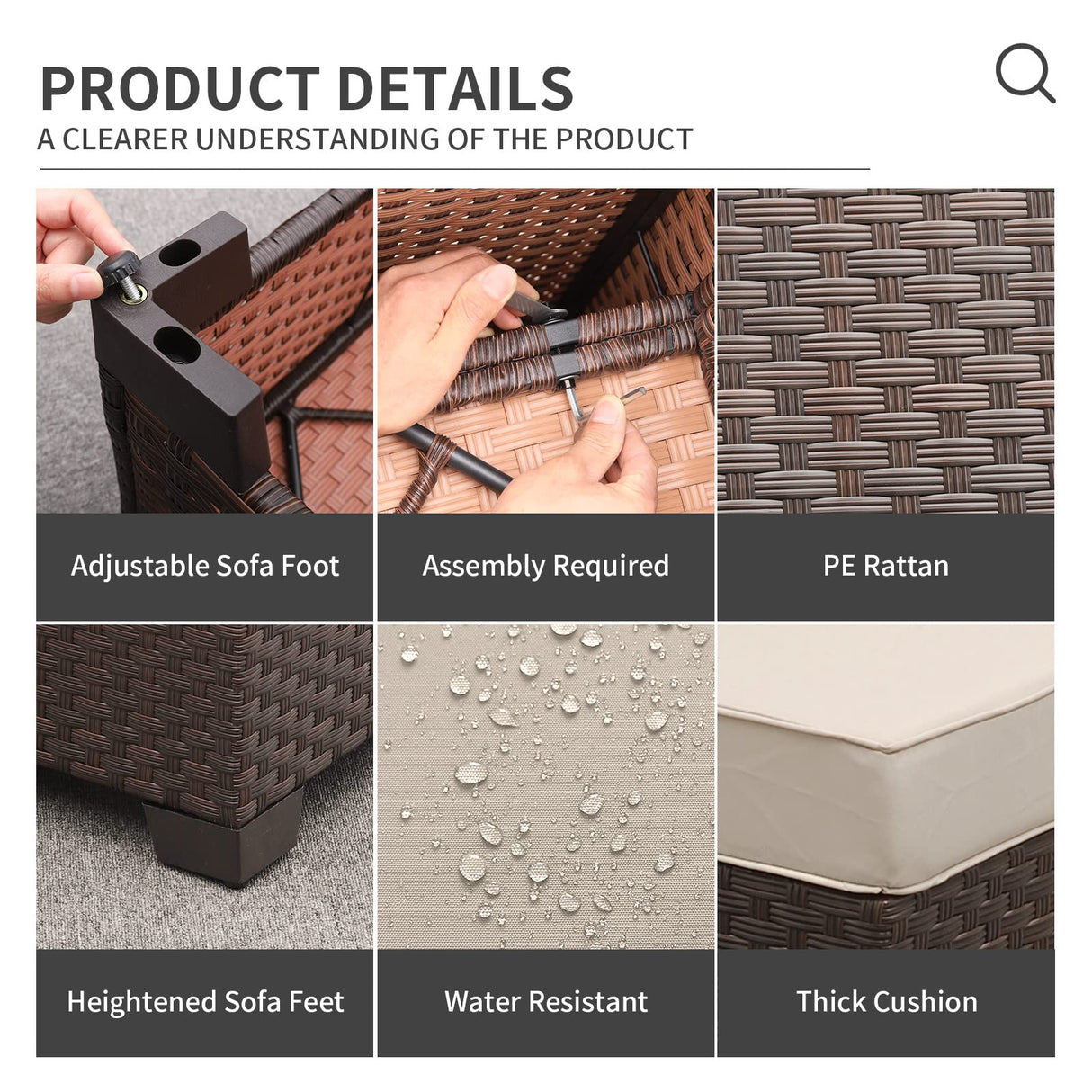 Patio PE Wicker Furniture Set 4 Pieces Outdoor Brown Rattan Sectional Conversation Sofa Chair with Storage Box Table and Khaki Cushions Valita