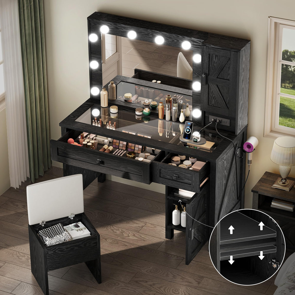 YITAHOME Farmhouse Makeup Vanity Desk with Mirror and Lights, Retro Big Vanity Table Set with Charging Station, Makeup Desk with 2 Drawers & 2 Cabinets, 10 Dimmable Light Bulbs, for Bedroom, Black YITAHOME