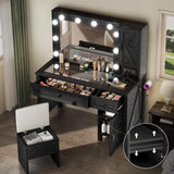 YITAHOME Farmhouse Makeup Vanity Desk with Mirror and Lights, Retro Big Vanity Table Set with Charging Station, Makeup Desk with 2 Drawers & 2 Cabinets, 10 Dimmable Light Bulbs, for Bedroom, Black YITAHOME