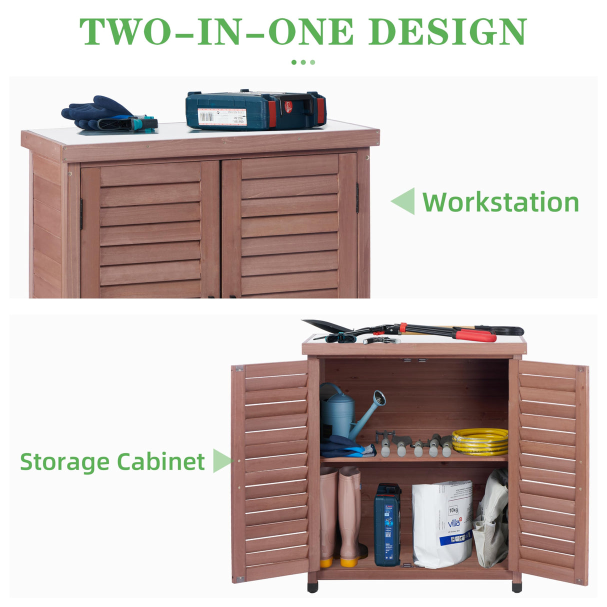 Outdoor Potting Bench with Storage Cabinet and Metal Top, Wood Workstation for Outdoor Patio, Garden (Dark Brown, 31x17x36‘’) Wood-Natrl