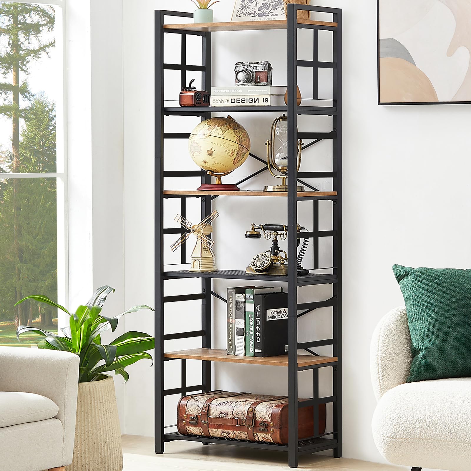 HOMBAZAAR 6-Tier Industrial Bookshelf with Metal Frame in Rustic Brown - WoodArtSupply