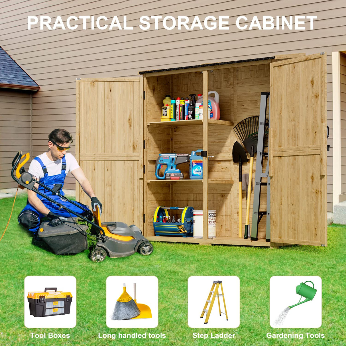 Gizoon Outdoor Storage Cabinet with Waterproof Roof, Double Lockable Doors Garden Shed with 2 Removable Shelves, Wooden Storage Shed with Large Storage Space for Patio, Garden, Backyard, Lawn Gizoon