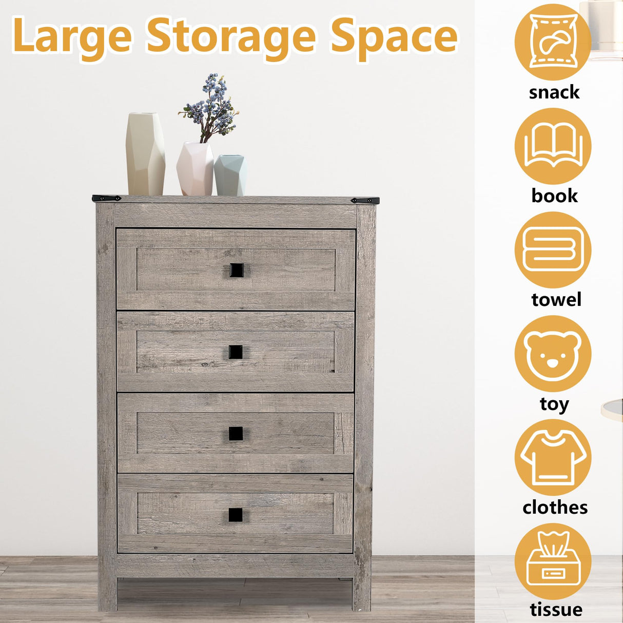 BTDWI Farmhouse 4 Drawer Dresser for Bedroom, 24" Wide Wood Dresser with Metal Handle for Bed Room, Hallway, Light Grey Rustic Oak BTDWI