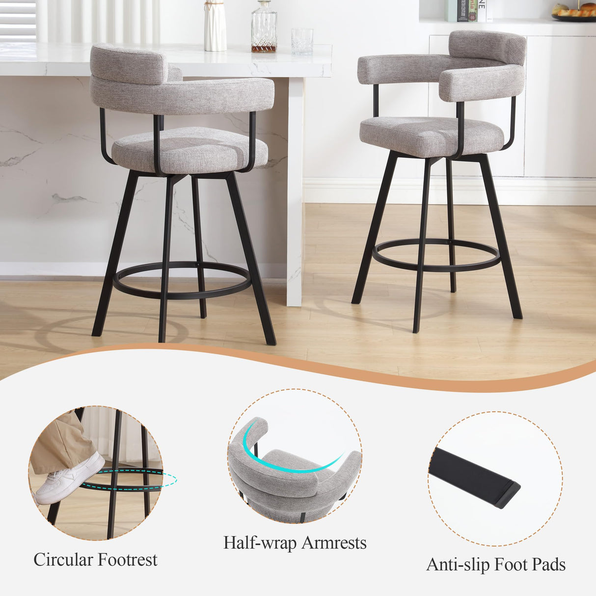 JIRAIN 26’’ Swivel Counter Height Bar Stools, Modern Counter Stools with Round Back, Linen Upholstered Barstools with Round Footrest for Kitchen Island, Home Pub, Set of 2, Grey JIRAIN