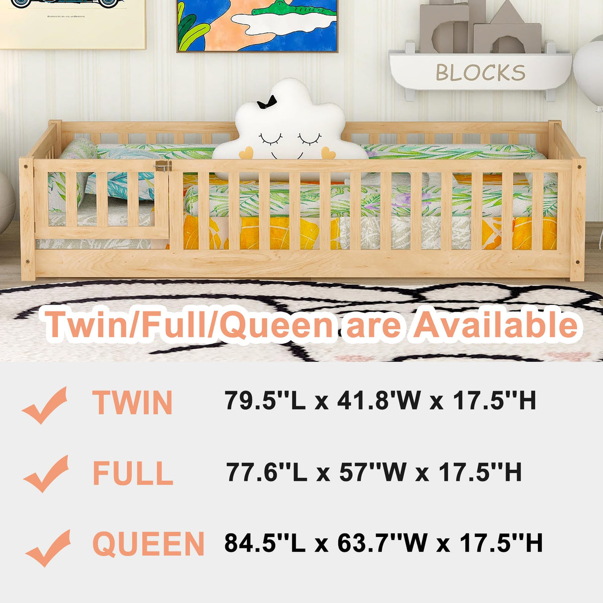 Bellemave Natural Twin Size Montessori Floor Bed with Door, Fence, and Removable Slats for Kids Bellemave