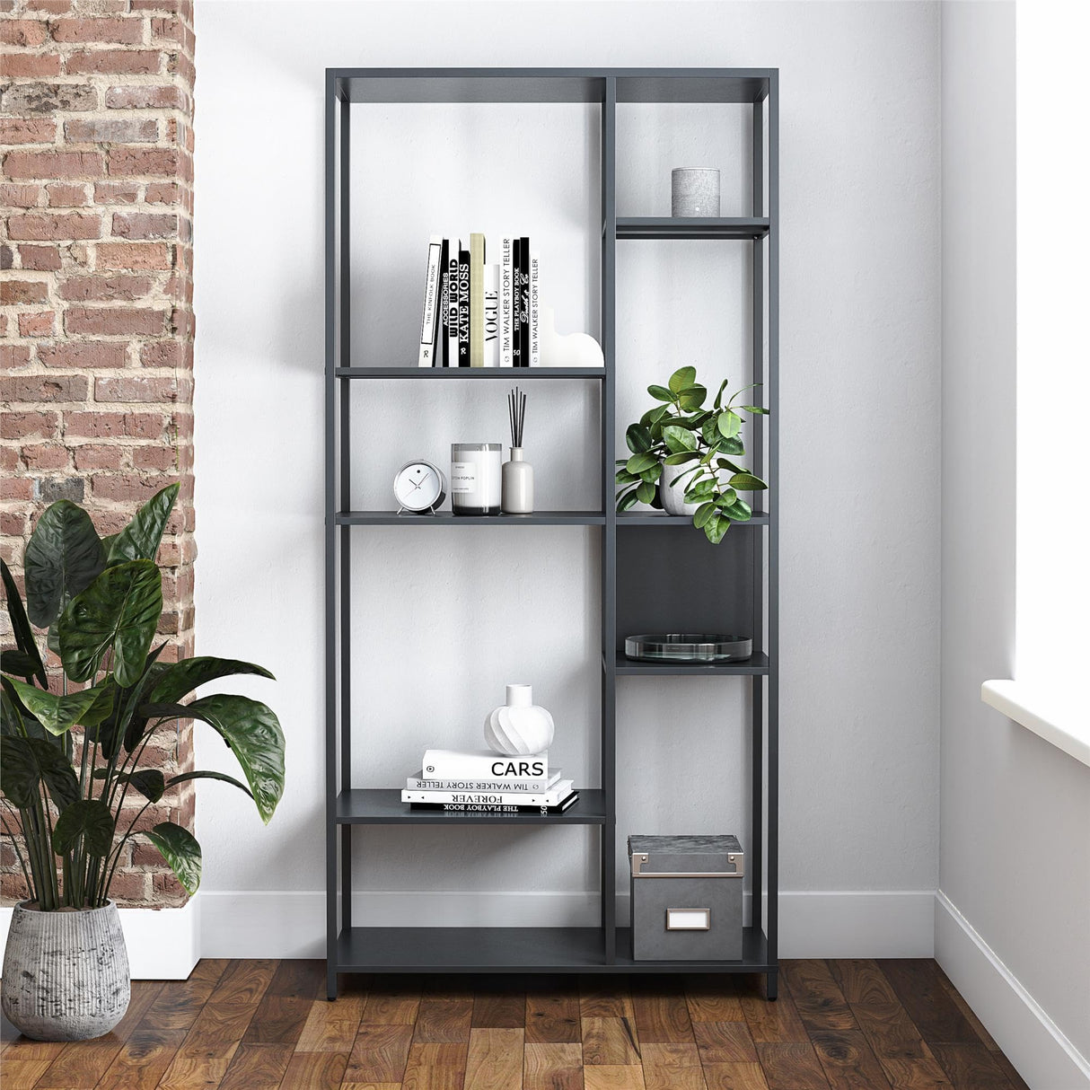 REALROOMS Shadwick 6-Shelf Metal Bookcase Room Divider for Living Room or Bedroom, Black REALROOMS