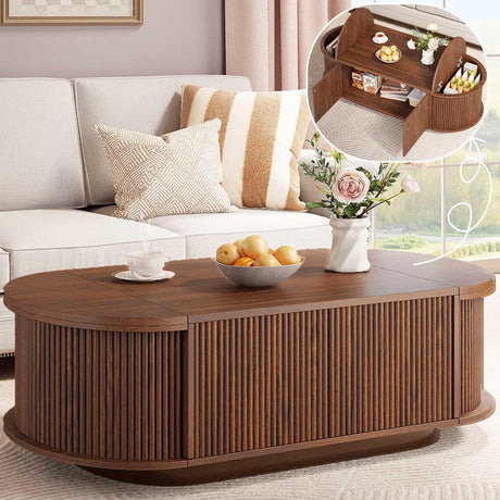 HSH Oval Coffee Table with Storage, 47” Modern Coffee Table with Press Type Door, Fluted Living Room Tables with 2 Flip-Top Hidden Lids, Wood Center Table for Living Room, Office,Walnut HSH